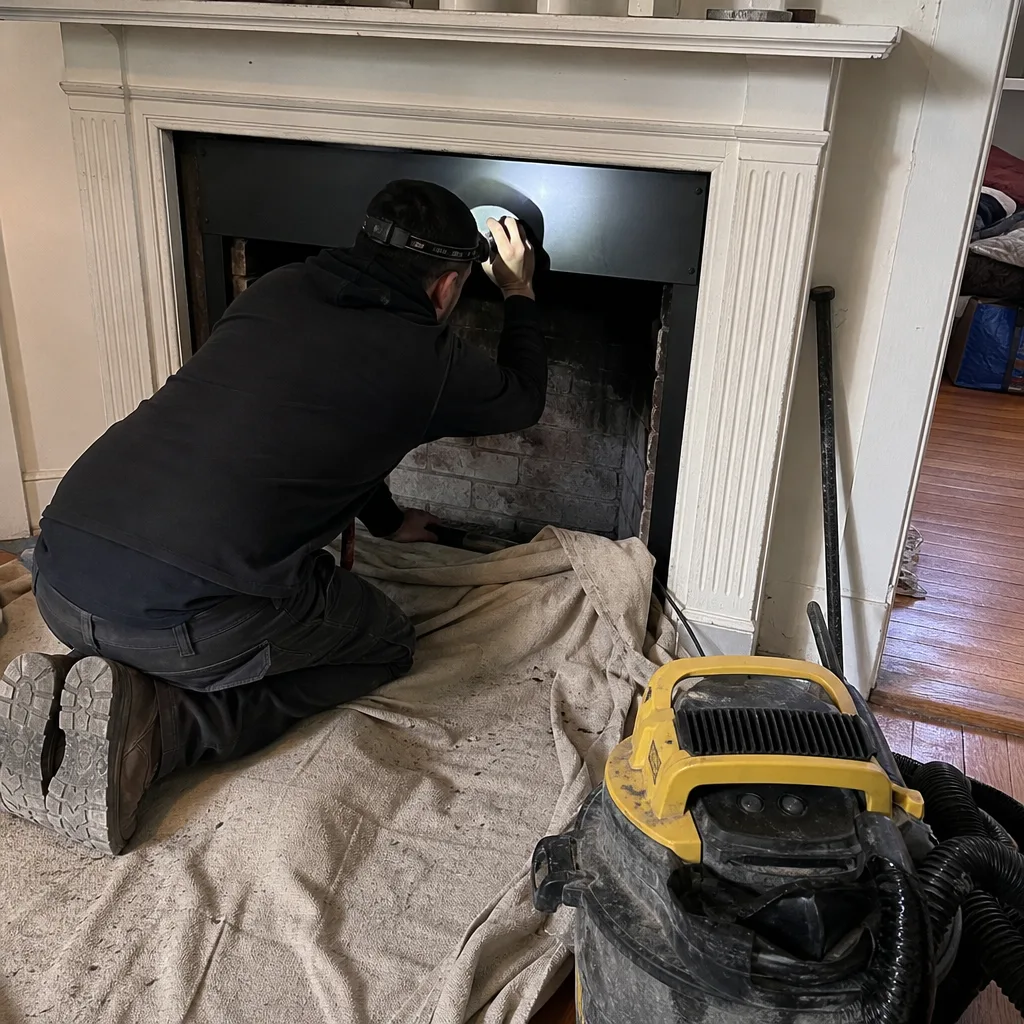 Professional technician performing a detailed chimney inspection and fireplace cleaning
