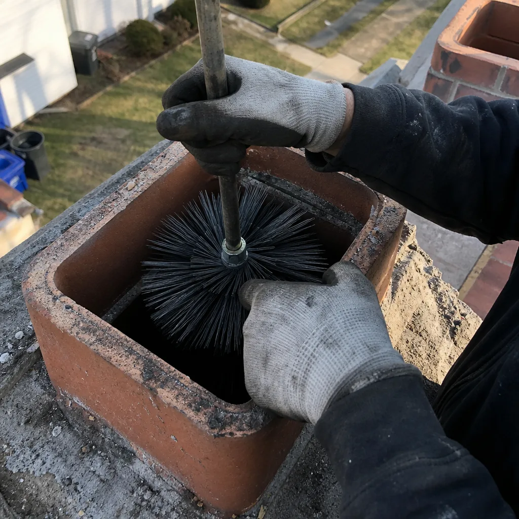 Professional chimney sweep cleaning a chimney flue with a wire brush