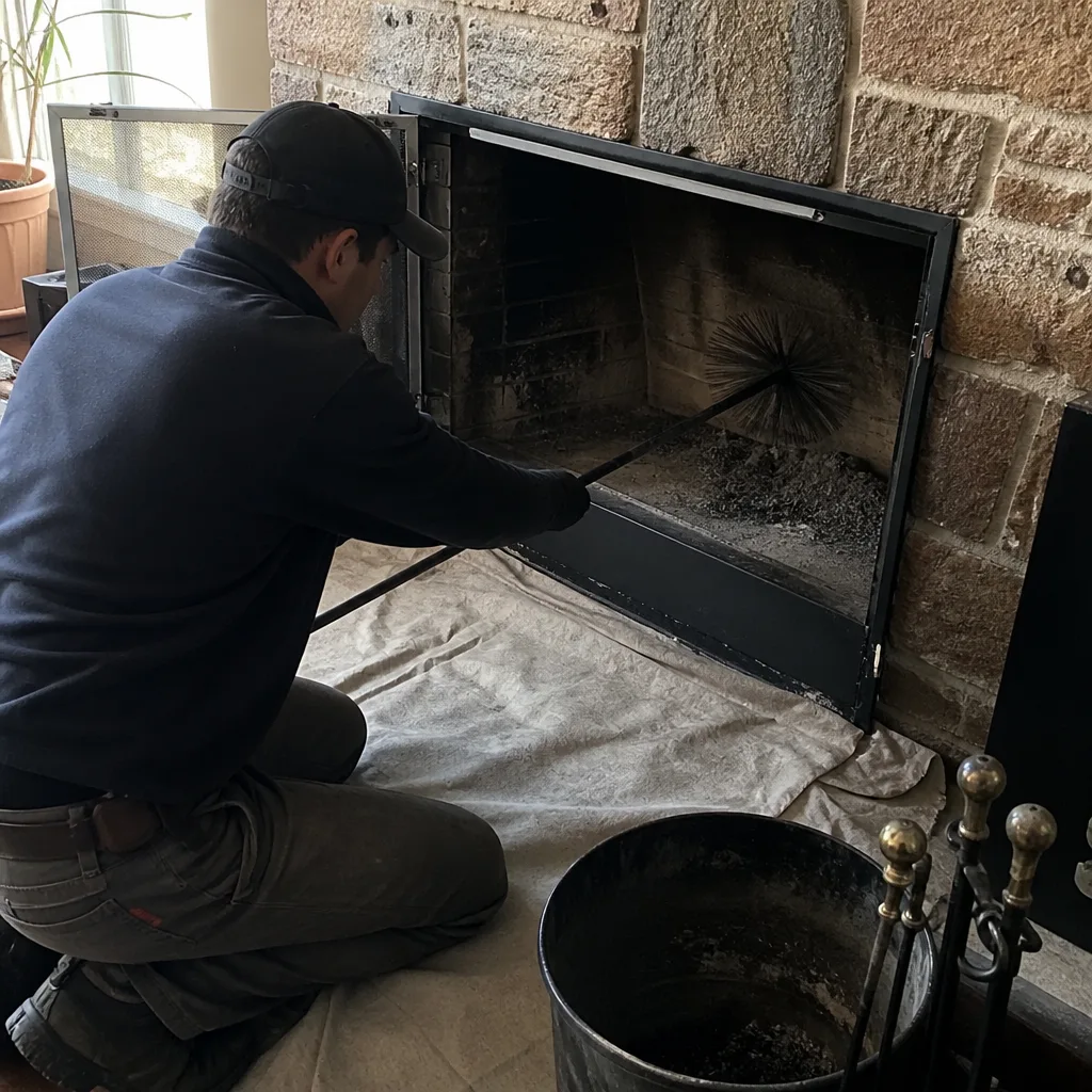 Professional chimney sweep cleaning soot from a residential fireplace with a brush
