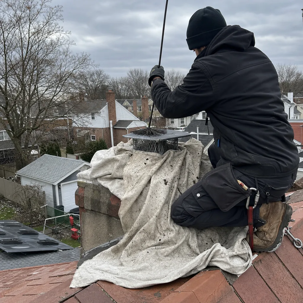 Professional chimney sweep cleaning a residential chimney from a rooftop.