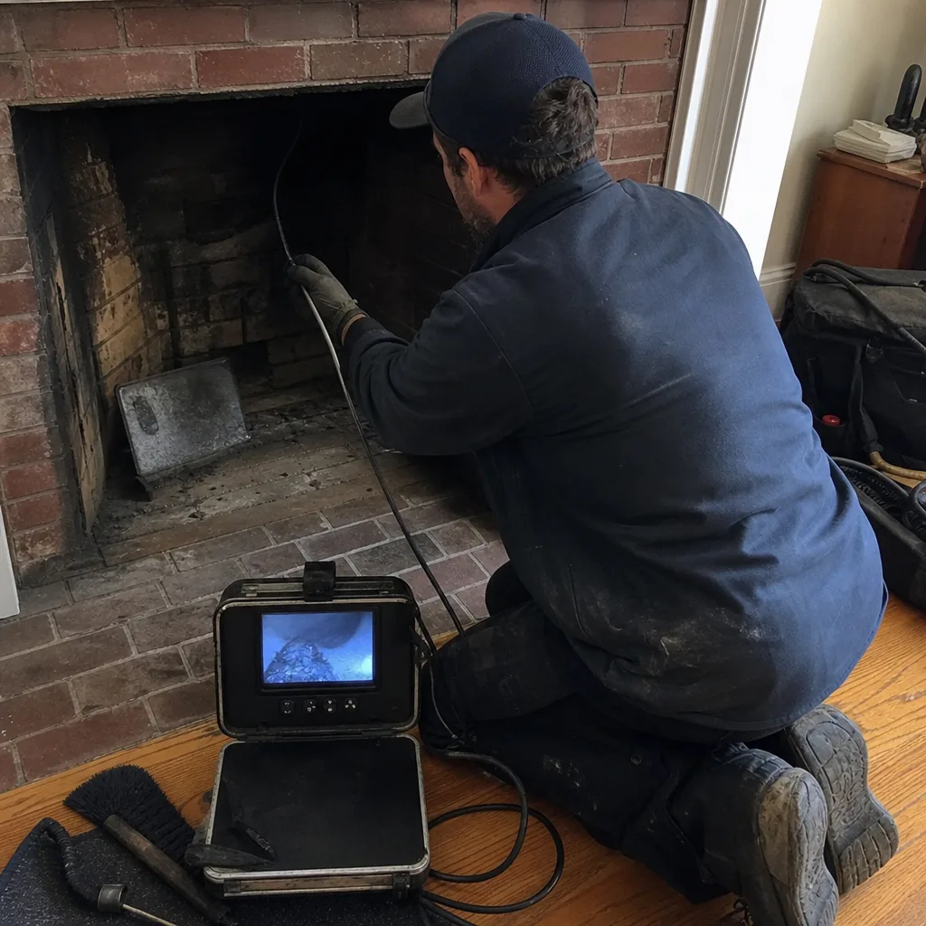 Chimney sweep performing a professional video inspection of a residential fireplace