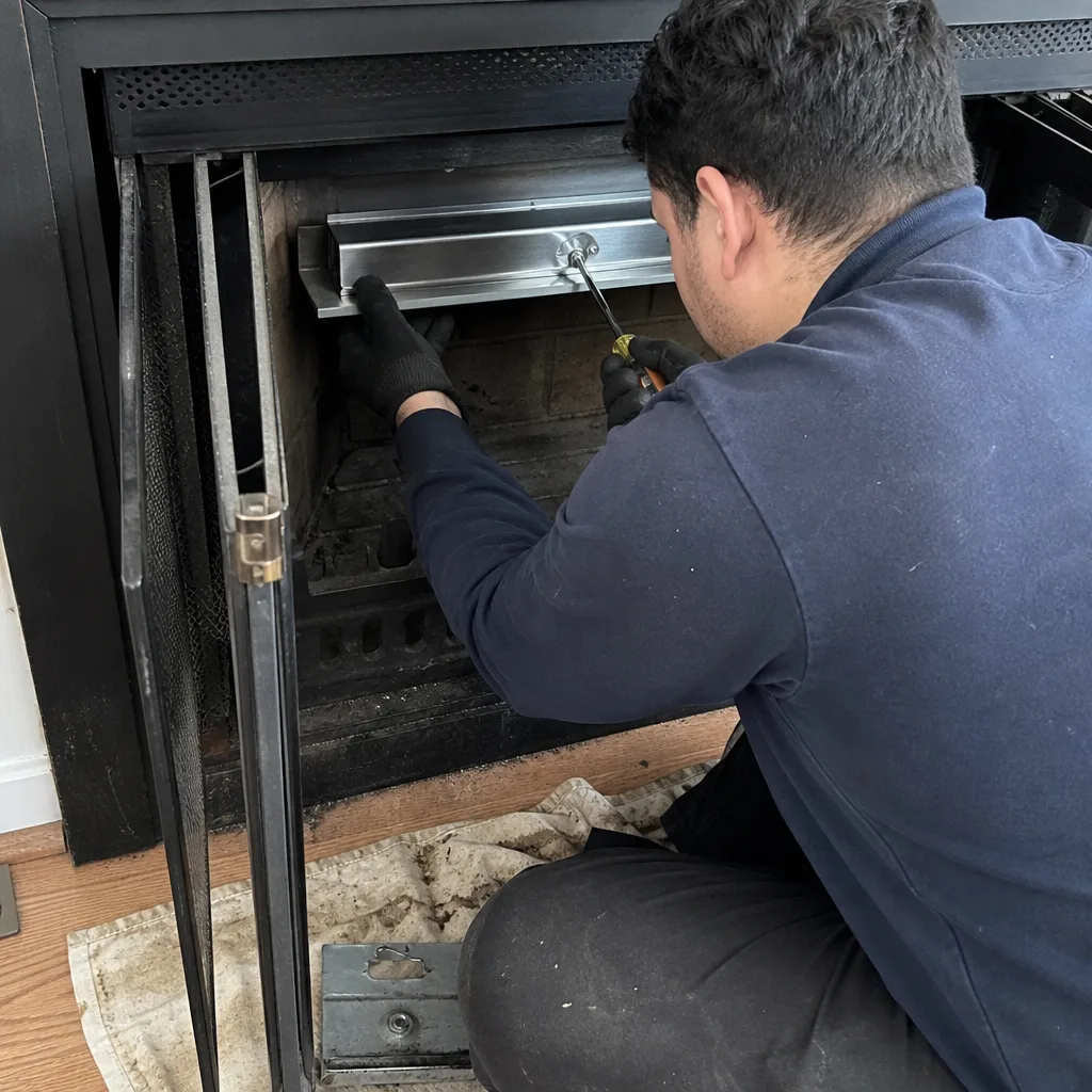 Professional technician repairing a residential fireplace insert